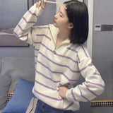 Lapel Color Loose Large-Size Striped Sweater Jacket-Outfit