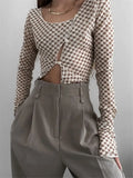 Casual grid Hollow Out Crop Top For Women Long Sleeve Sexy O Neck Pullover Slim Slant Button T Shirts Y2K 2021