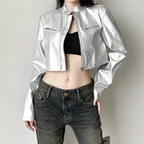 Style Leather Splicing Locomotive Suit Personalized Street Autumn Short-Term Open-Enavel Zipper Jacket