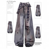 Man Dark High Street Heavy Industry Design Water Washing Multi-Pocket Loose Straight Legs Workwear Jeans Women's