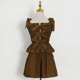 Sweet Style Two Piece Suit Women‘s Clothing Bowknot Square Collar Sleeveless Top High Waist Shorts Female 2021