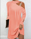 Explosion Autumn Simple Metal Buckle Hanging Neck Button Dress Women's
