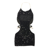 Women's Sexy Metal Chain Halter Neck Shiny Sequined Glitter Sleeveless Waist Cutout Mini Short Bodycon Party Dress-Outfit