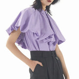 Sweet Solid Shirt For Female Lapel Collar Short Sleeve Ruffle Single Breasted Women's Elegant Blouses Korean