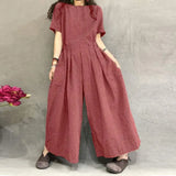 Women Rompers Summer Wide Leg Overalls Vintage Plaid Short Sleeve Jumpsuits Casual Back Zip Playsuits