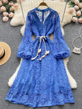 Vintage Hollow Out Lace Long Dress Women Elegant V-Neck Single Breasted Puff Sleeve High Waist Blue/Beige/Black Maxi Robe