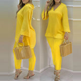 Summer Casaul Women Home Wear Solid Suit Sets Long Sleeve Plain Bell Sleeve V-Neck Top & Pants