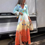 Women's V-Neck Dress Print Tamped Tannesor Long Sleeves