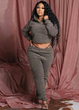 Winter Sexy Back Lace Up Long Sleev Crop Fleece Hoodies and Match Pants Set 2 Piece