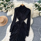 Women's Fashion Dress 2025 Autumn Design Feeling Cross-Folded Slim Top-Cuffed And High-Necked