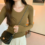 Round-Neck Ins Long-Sleeved Blouse Women's New Autumn Solid Color Cashmere Basic Slim Bottomed Blouse-Outfit