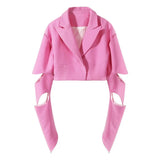 High Street Cut Out Solid Coat For Women Notched Collar Long Sleeve Minimalist Blazers Female Fashion Clothing