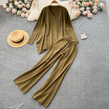 Winter Loose Irregular Knitted Two Pieces Suits V Neck Knitwear+Wide Leg Long Pant Women Streetwear Solid Sweater