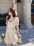 Elegant Vintage Mini Dress Women 2022 Summer Short Sleeve Kawaii Clothing Lolita Party Dress Bow One Piece Dress