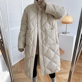 2021 Winter New Korean Style Long Cotton-padded Coat Women's Casual Stand-up Collar Argyle Pattern Oversized Parka Chic