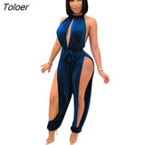 Velvet Club Jumpsuit For Women Hollow Out Fashion Autumn Solid Sexy One Piece Halter Party Rompers Jumpsuits For