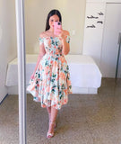 Fashion Off Shoulder Flower Dress Elegant Slash Neck Short Sleeve Flower Print Elastic Irregular Dress
