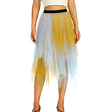 Women Midi Skirts Summer Contrast Color/Solid Color Elastic High Waist Irregular Ruffles Multi-Layered Tulle Tutu Skirts-Outfit