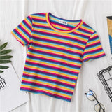 T Shirt Women Rainbow Striped Tops Slim Fit t shirt Harajuku Tshirt Summer Short Sleeve Korean T-shirt feminina Clothes