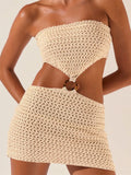 Women Sexy Knitted Hollow Out Tube Mini Dress Strapless Off Shoulder Patchwork Dress Summer Party Female Vestido 2023-Outfit