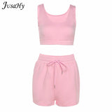 Casual Stretch Solid Two Piece Sets Women 2021 Crop Top and Drawstring Shorts Matching Set Sportswear