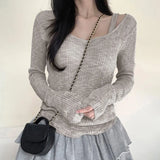 Color Simple Pit Strip Slimming Retro Fashion Single Bare Shoulder Long Sleeved Two-Piece Blouse 2024 Spring / Summer New T-Shirt-Outfit