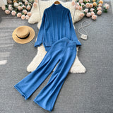 Women Casual Turtleneck Knit Two Pieces Suits Irregular Sweater+Rolled Wide Leg Midi Long Pant Solid Winter Warm