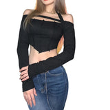 y2k Tops Woman Clothing Crop Top Autumn 90s Vintage Clothes Off Shoulder Slim Long Sleeve Tees Sexy Club Streetwear-Outfit