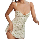 Women Slip Mini Dress Summer Clothes Solid Color/Floral Printed Sleeveless Low-Cut Slim Sling Simple Sweet Clothes Sexy Club-Outfit