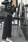 Striped Knitted Two Piece Suit Women Elegant Single Breasted Long Sleeve Top And Knit Wide Leg Pant 2023 New Korean