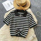 Knitted Women 2025 Summer South Korea Ins New Trendy Sleek Striped T-Shirt Women's