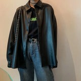 chic Women oversized PU leather blouses 2022 Spring Autumn Black Faux Leather Basic Coat Turn-down Collar Motor Biker