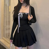 Court Style Square-Necked Dress 2024 Spring And Summer New Style Bowknot Temperament Age-Reducing Small Black Dress-Outfit