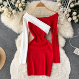 Spliced Fashion Knitted Dress Women Long Sleeve Elastic Waist Short Sweater Dress 2022 Winter Sexy Bodycon Warm