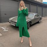 Free Shipping Autumn Bodycon Dress Sweater Knitted Green Women Sexy Midi Split V Neck Long Sleeve Casual Dresses Party