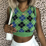 Y2K Sleeveless Autumn Sweater Pullover Casual Plaid Knitted 90s Knitted Crop Sweaters Casual Autumn Preppy