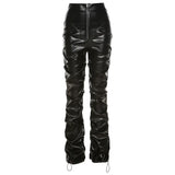 Sisterlinda Faux Leather Stacked Y2K Pant Women High Waist Zipper Side Slit Hipster Streetwear Female Fashion Slim Long