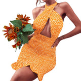 Women Close-fitting Backless Dress Sexy Floral Printed Pattern Halter Neck Hollow Out Short Dresses Summer 2024 Club Wear-Outfit