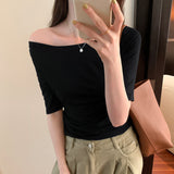 Solid Color Word Shoulder Slim Shows The Thin Bottom Shirt The Girl Autumn New Design Sense Middle Sleeve T-Shirt Hot Girl Blouse-Outfit