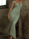 Sexy Sleeveless Strap Evening Dress for Women Low Cut Ruched Bodycon Long Dress Elegant Mermaid Dress Party Vestidos-Outfit