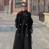 Fashion Hepburn Style High End Atmosphere Black Tweed Coat Women's Middle Long Winter New Knee Thick Woolen