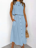 Casual White Solid Women Skirt Set Sleeveless Crop Tops And Button Pockets Skirts Ladies Suit Summer Beach Style