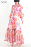 Printing Casual Long Dresses For Women V Neck Lantern Sleeve High Waist Patchwork Edible Tree Fungus Maxi Dress