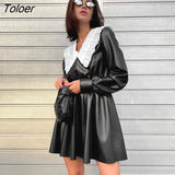 Patchwork Women Leather Dress With Peter Pan Collar High Waist Autumn Winter Dress Elegant Ladies Black Dress
