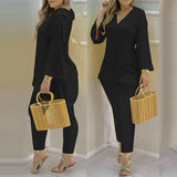 Summer Casaul Women Home Wear Solid Suit Sets Long Sleeve Plain Bell Sleeve V-Neck Top & Pants