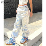 Chic Reflective Silvery Casual Pants Women Streetwear Low Rise Baggy Trouser Pockets Up Hip Hop Fashion SweatPants