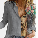 2021 Women Botton Vintage Polo-Neck Office Lady Spring Summer Loose Casual Cartoon Printing T-Shirt Long