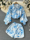 Piece Sets Womens Outfits Summer Holiday Runway Lantern Sleeve Floral Print Blouse Shirt + Pocket Wide Leg Shorts Suit