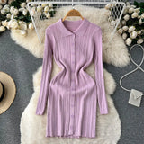 Autumn Striped Knitted Dress Women Lapel Button Sheath Warm Dress Ladies Fashion Solid Elastic Waist Sweater