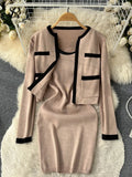 2022 Autumn OL Knitted Sets Pocket Long Sleeve Cardigan+ Midi Long Tank Top Knit Dress Ladies Sweater Two Pieces